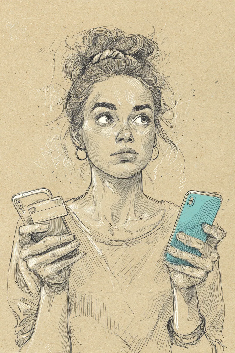 Thoughtful American consumer weighing two payment apps on a phone