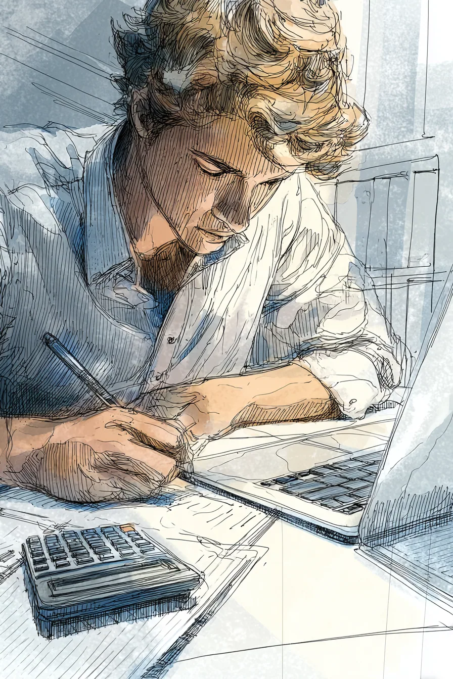 Focused American college student budgeting on a laptop in a campus library