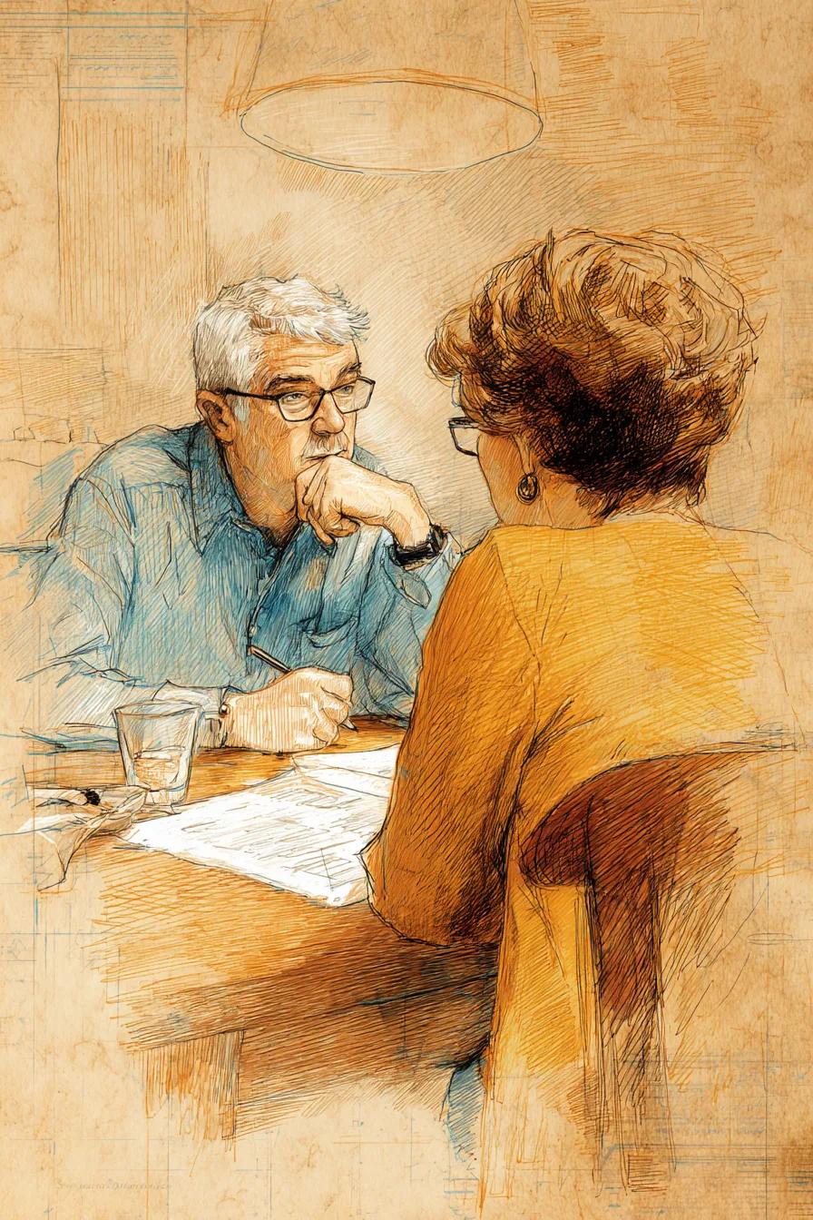 Older American man and his adult daughter discussing finances at a wooden dining table