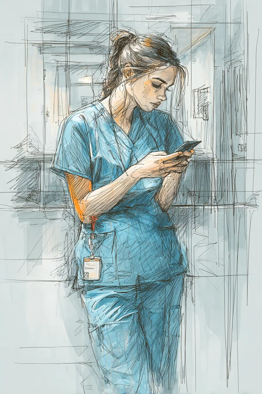 Confident American nurse in scrubs checking her phone during a break in a hospital corridor