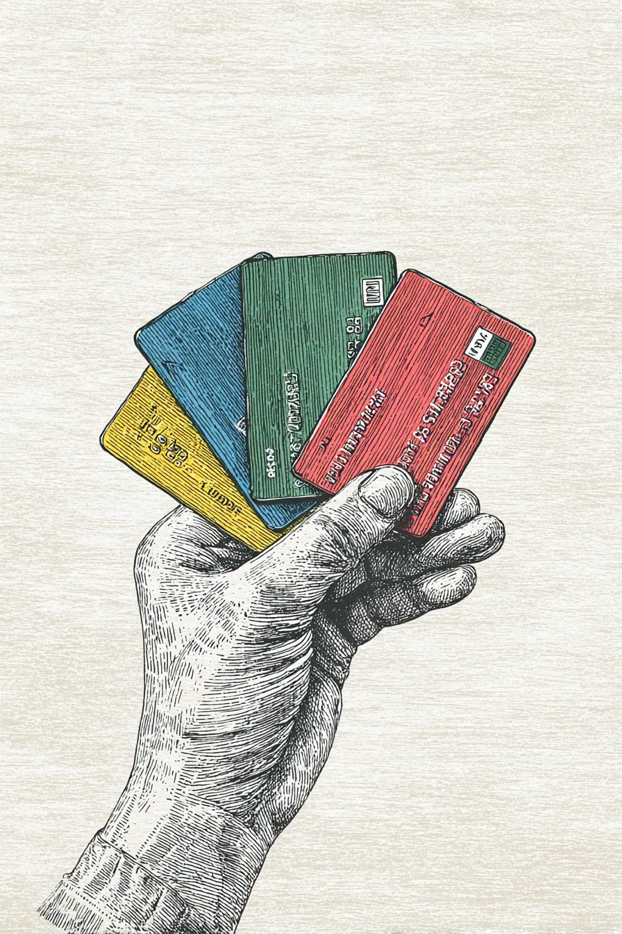 Close view of American hands holding four small payment cards fanned out on a clean desk