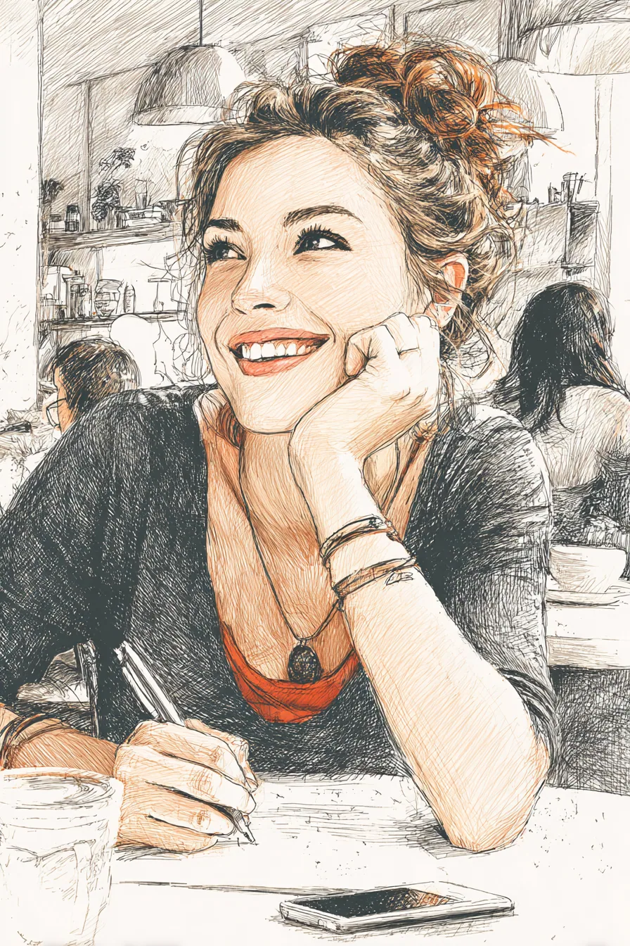 Satisfied American customer writing a positive note at a cafe table